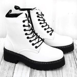 New White Lace Up Combat Ankle Boots